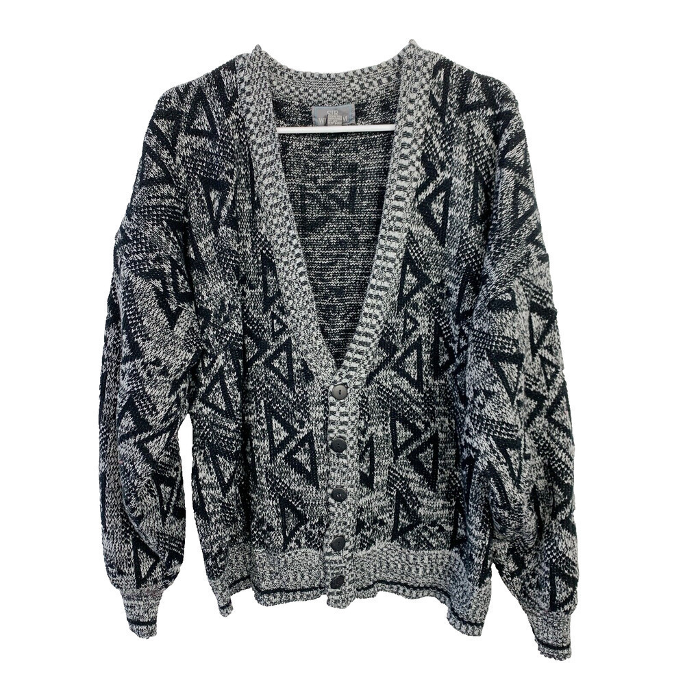 VINTAGE Sir William Rad Triangles Abstract Grunge Knit Cardigan Size XL